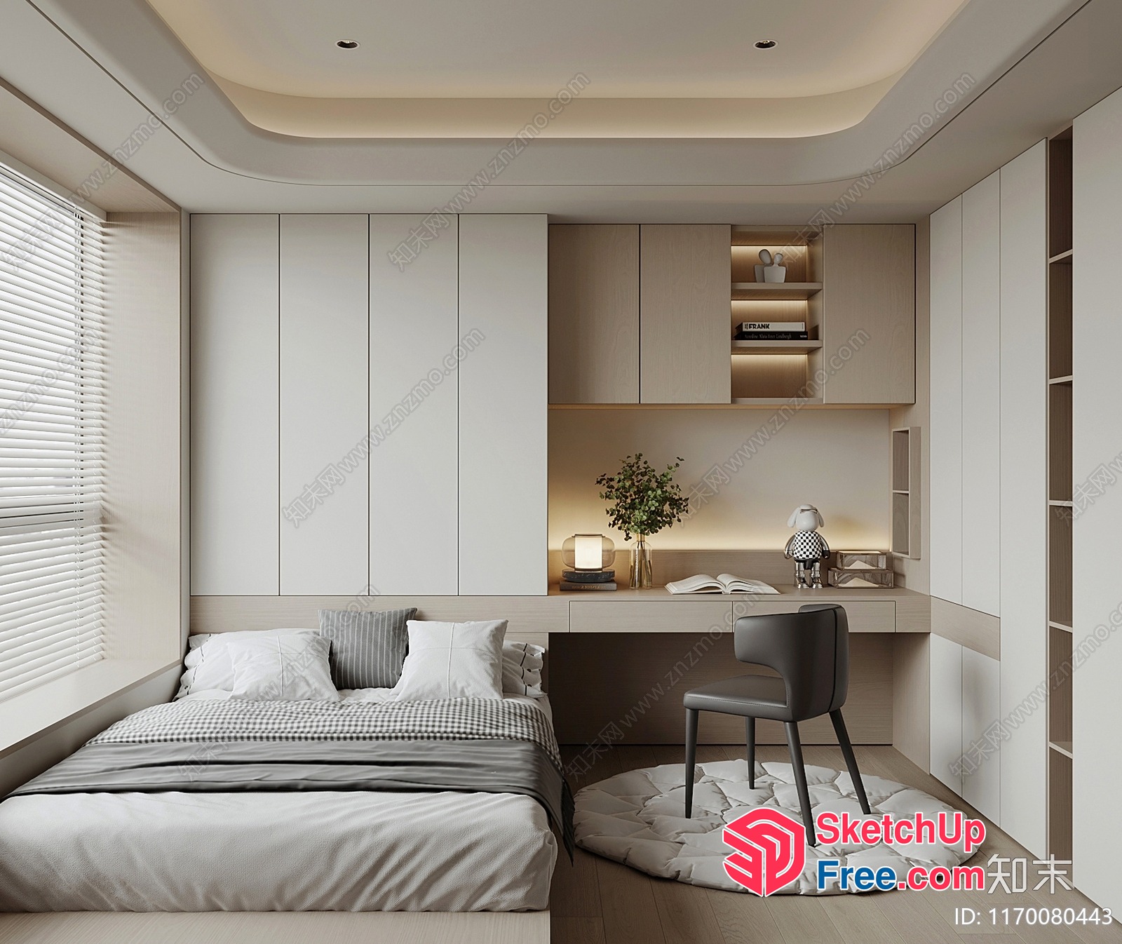 Modern Minimalist Bedroom With Built-In Desk And Bookcase 3D SketchUp File