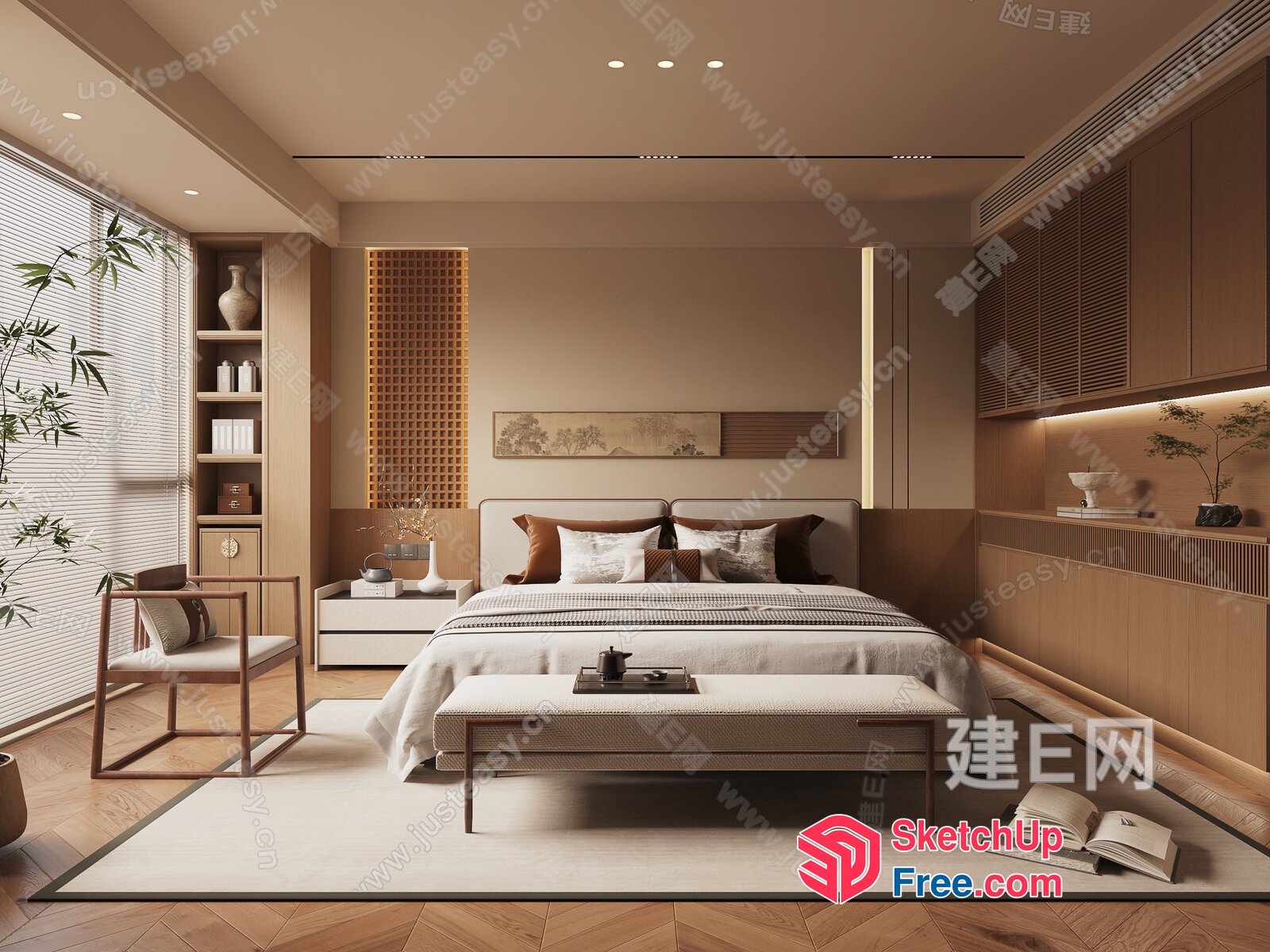 Modern Japanese-Inspired Bedroom With Natural Wood Accents 3D SketchUp File
