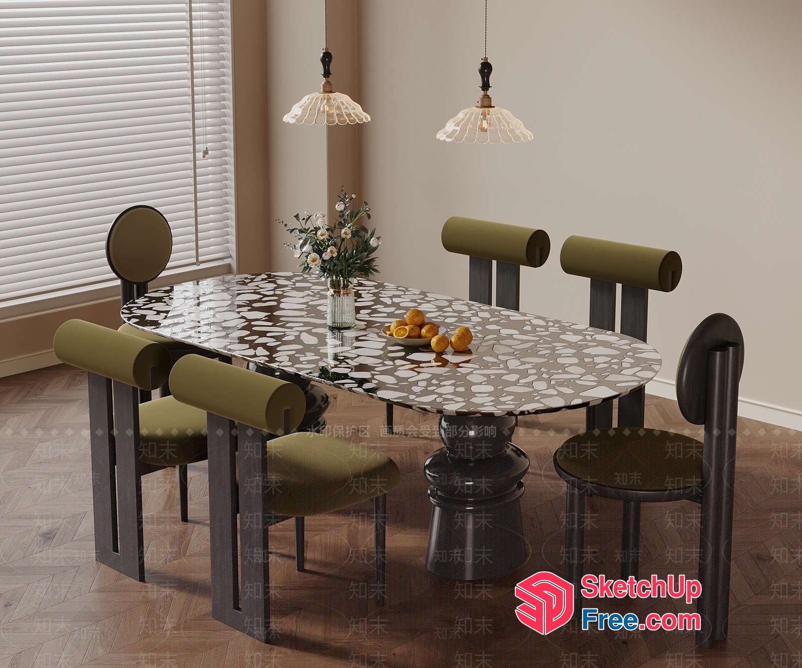 Elegant Modern Dining Room With Marble Table And Green Chairs 3D SketchUp File