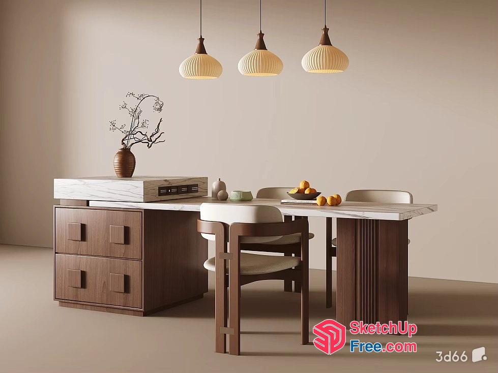 Modern Dining Room With Wooden Furniture And Hanging Lights 3D SketchUp File