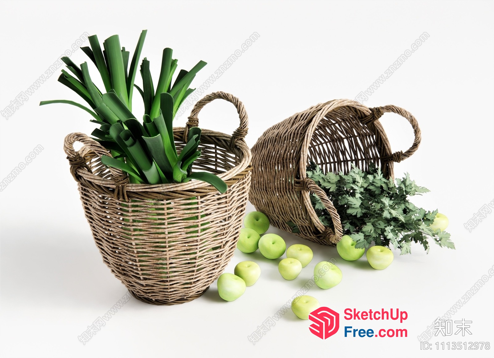 Two Wicker Baskets With Green Apples And Plants 3D SketchUp File