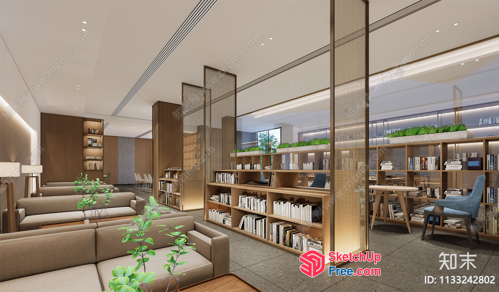 Luxurious Modern Library With Elegant Bookshelves And Comfortable Seating 3D SketchUp File