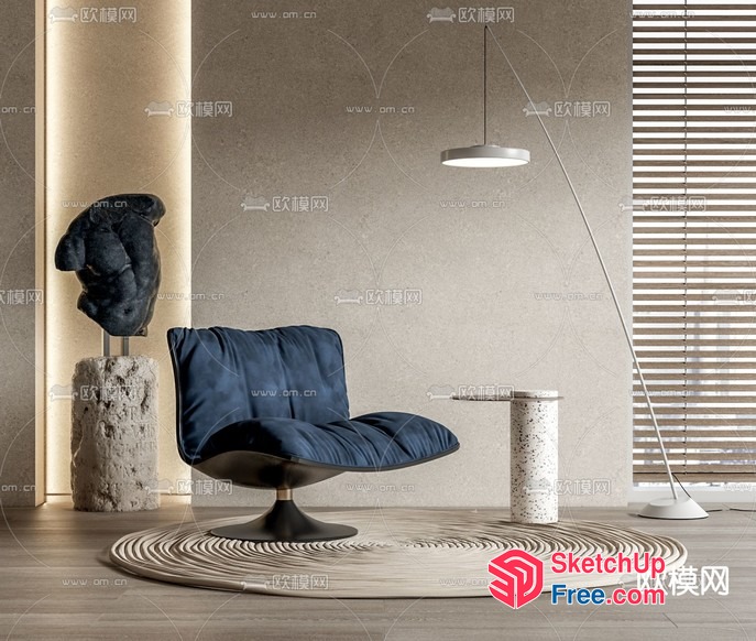 Modern Minimalist Living Room With Blue Chair And Circular Rug 3D SketchUp File