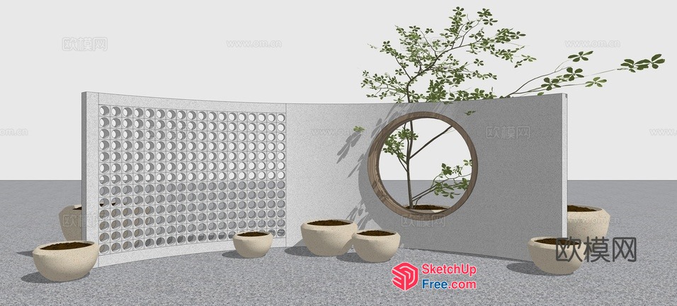 Decorative Wall With Circular Cutout And Potted Plants 3D SketchUp File