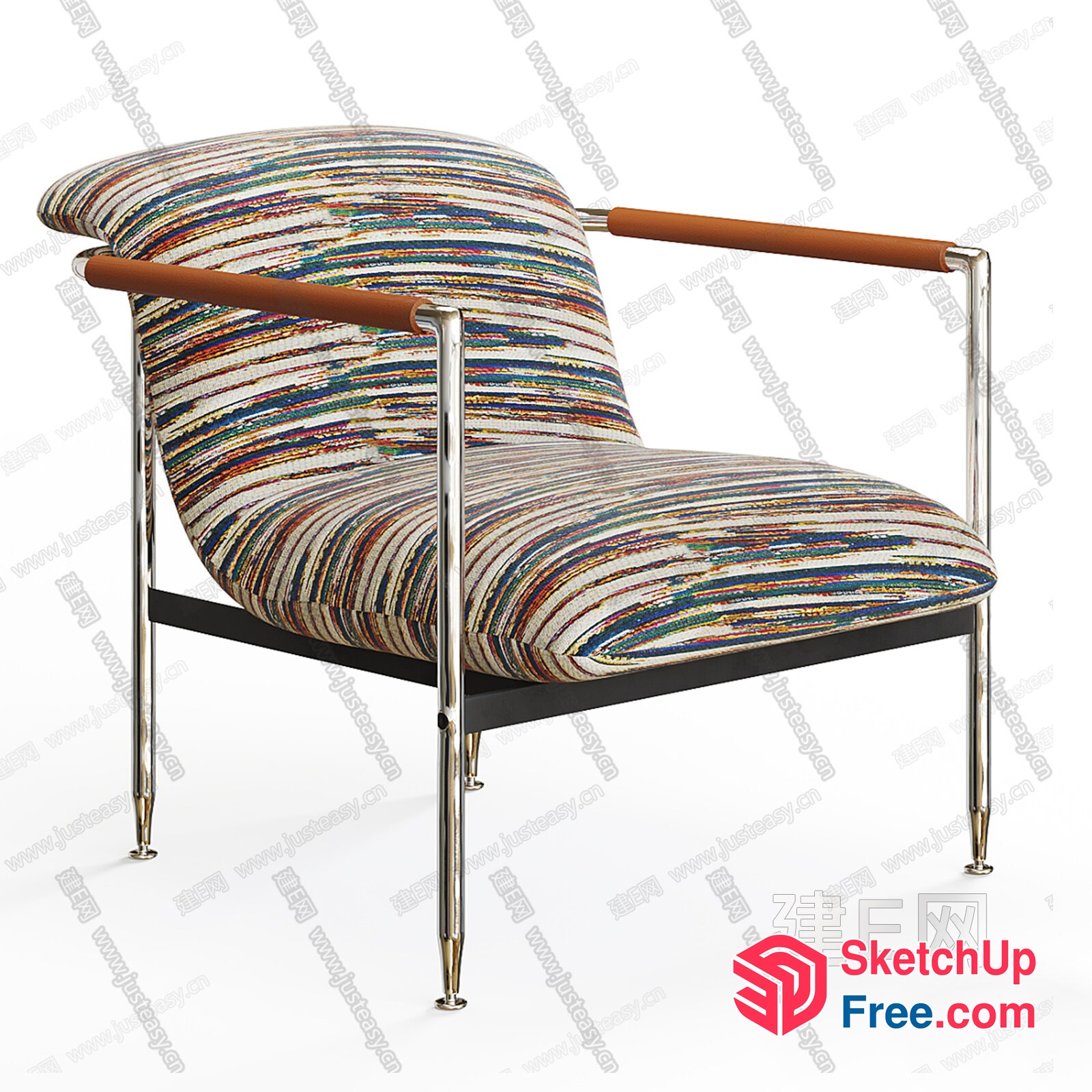Striped Upholstered Chair With Leather Armrests 3D SketchUp File