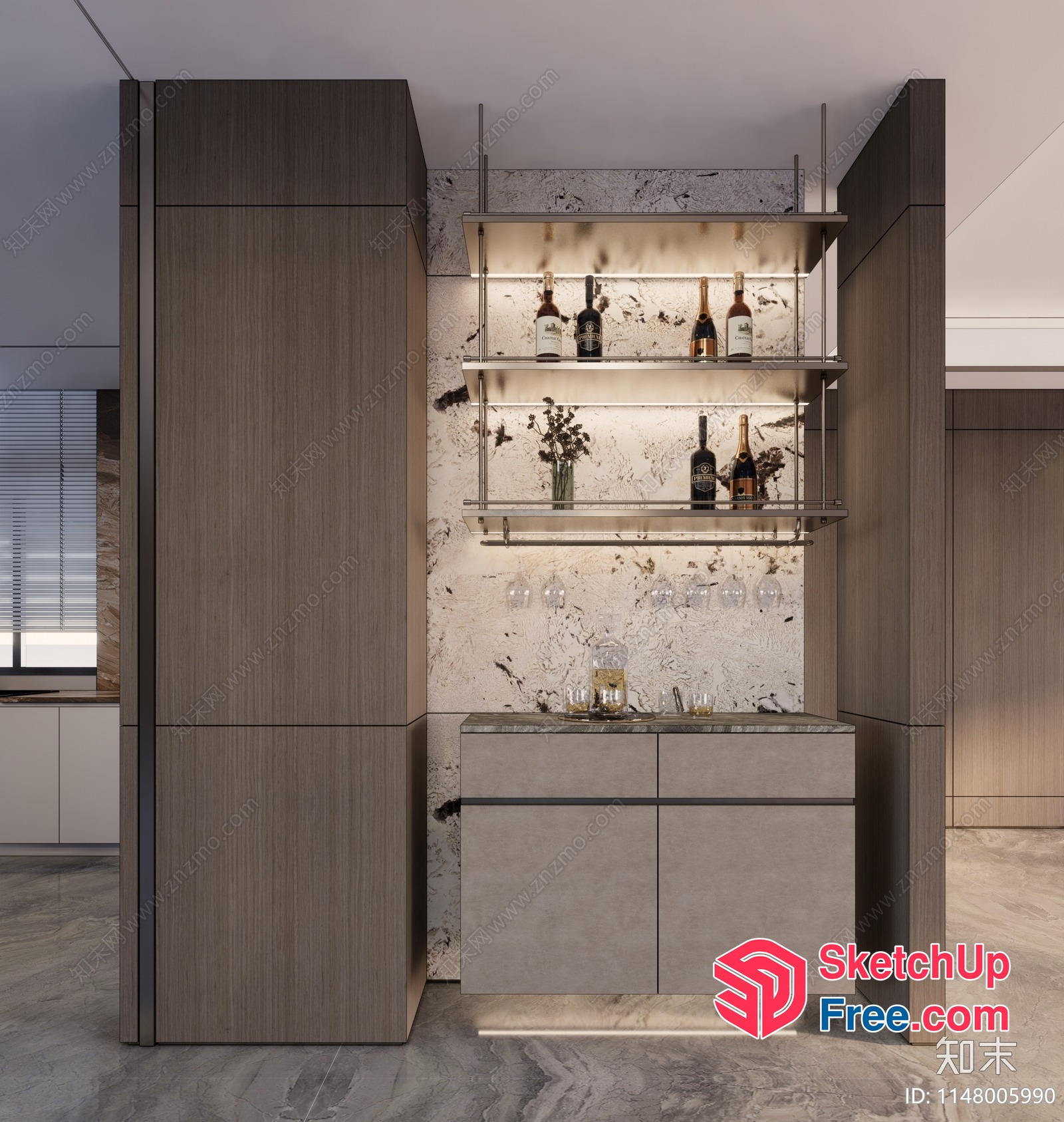 Modern Bar Interior With Marble Backsplash And Shelving 3D SketchUp File