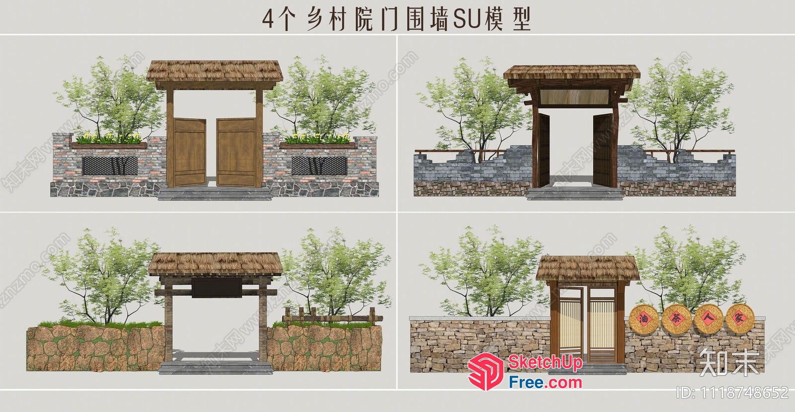 Traditional Asian Entrance With Stone Walls And Thatched Roof 3D SketchUp File
