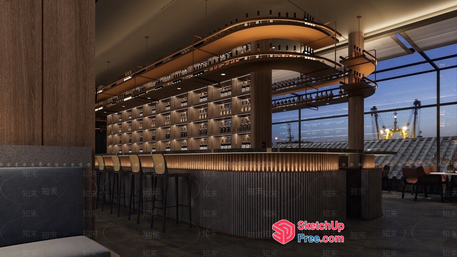 Modern Bar Interior With Curved Shelves And Stools 3D SketchUp File