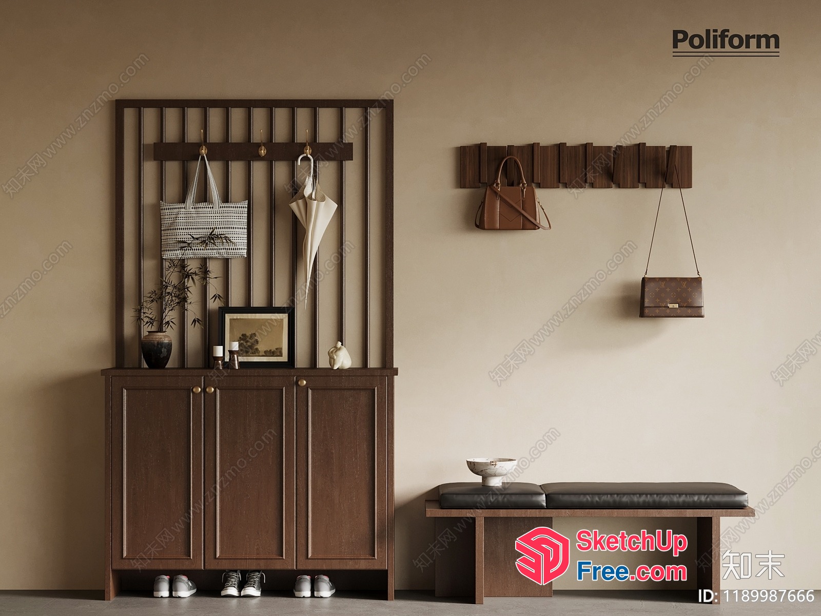 Entryway With Wooden Cabinet And Bench 3D SketchUp File