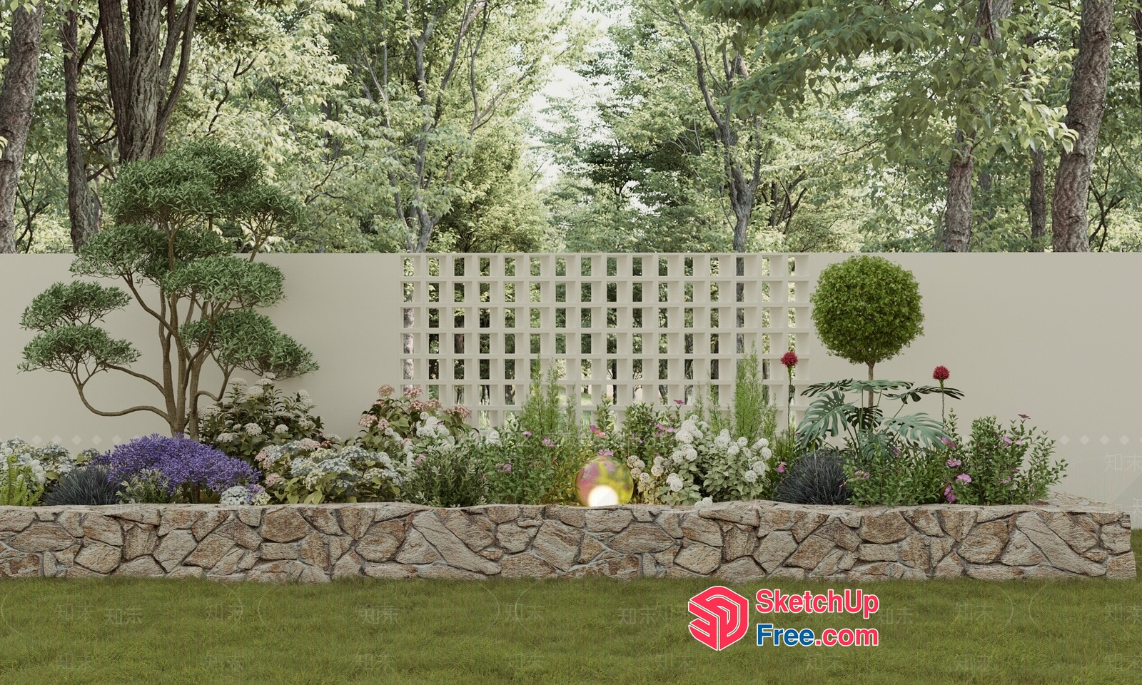 Lush Greenery Garden Scene With Stone Border 3D SketchUp File