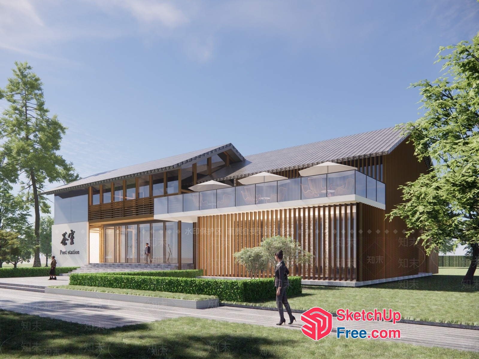 Modern Asian-Inspired Post Office Exterior 3D SketchUp File