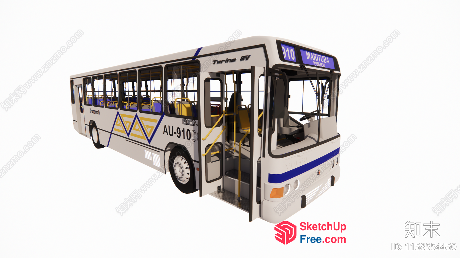 Empty Grey And Blue And Yellow Patterned Bus With Open Door 3D SketchUp File