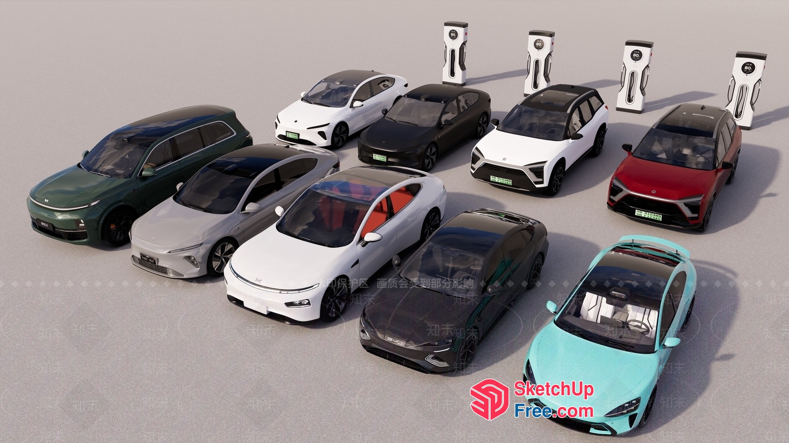 Modern Electric Cars And Charging Stations 3D SketchUp File