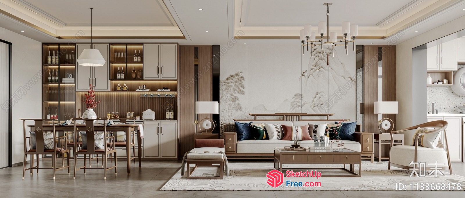 Modern Luxury Living Room With Dining And Kitchen 3D SketchUp File