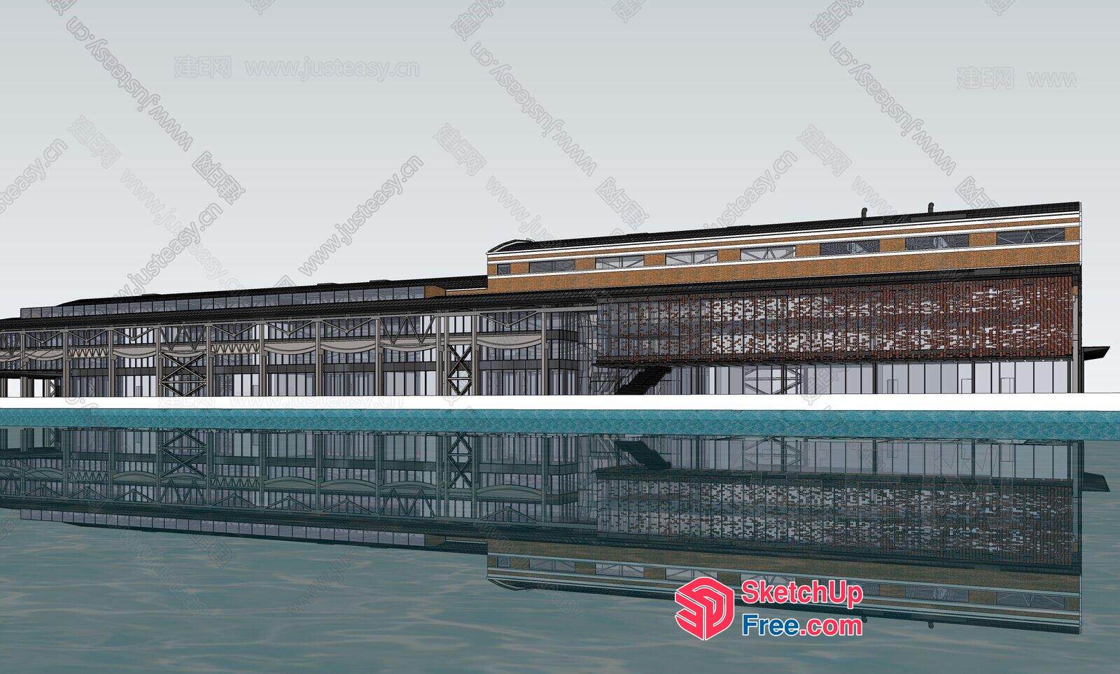 Modern Industrial Style Building With Large Windows And Metal Accents 3D SketchUp File