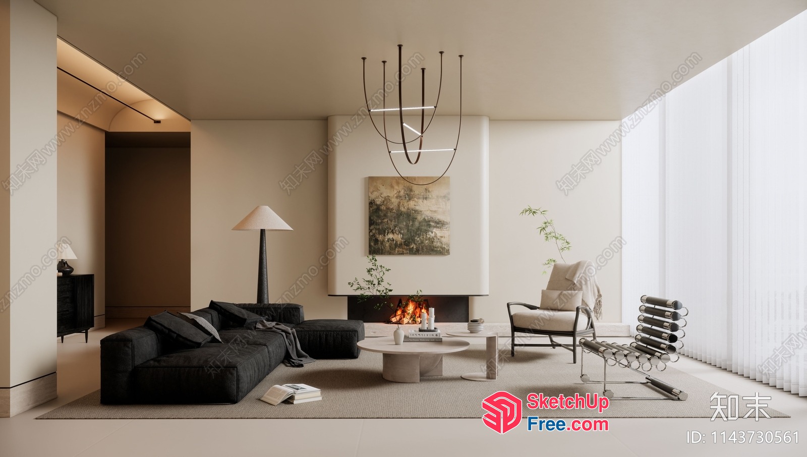 Modern Minimalist Living Room With Fireplace And Large Windows 3D SketchUp File