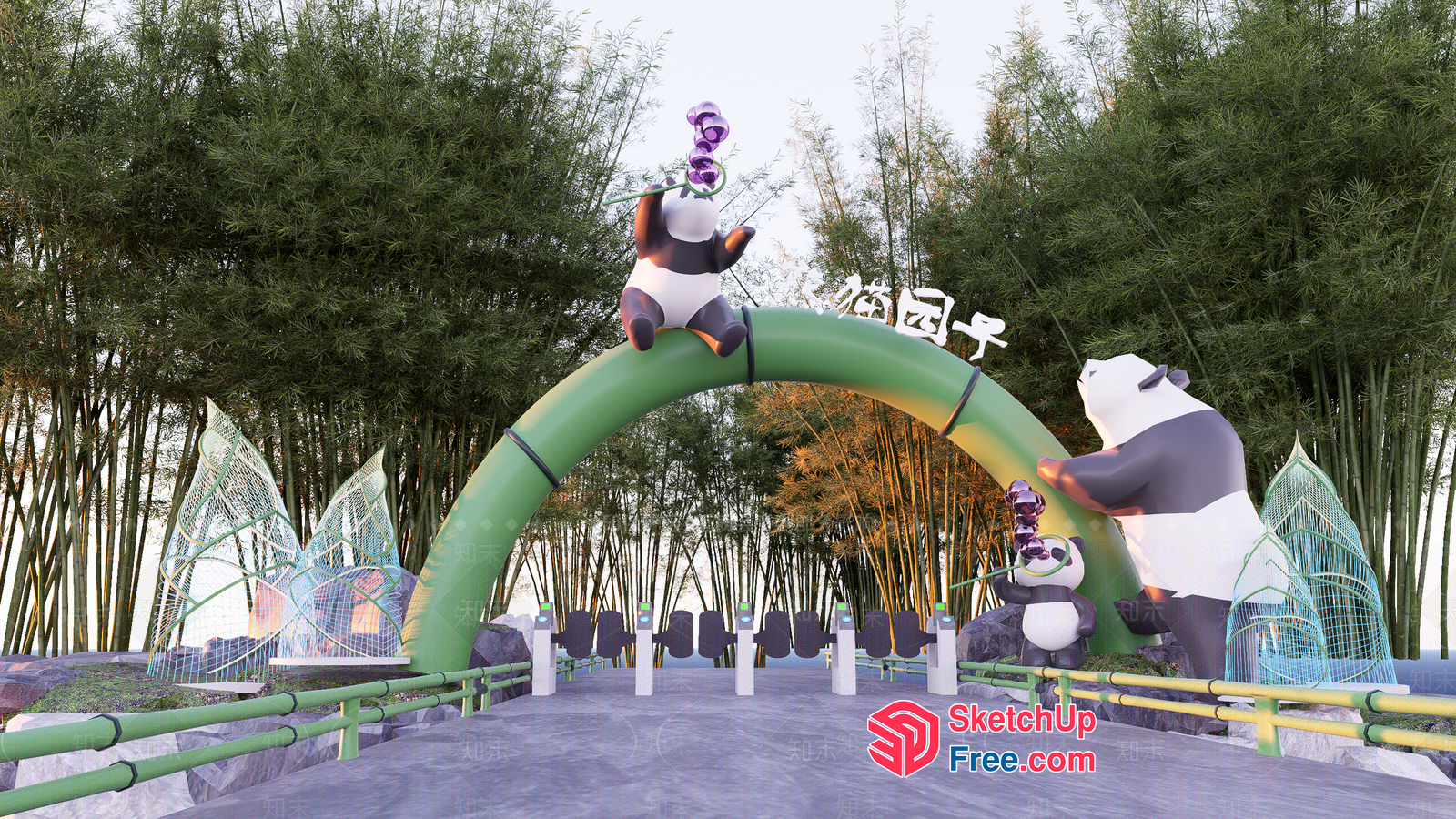 Bamboo Bridge And Panda Decorations 3D SketchUp File