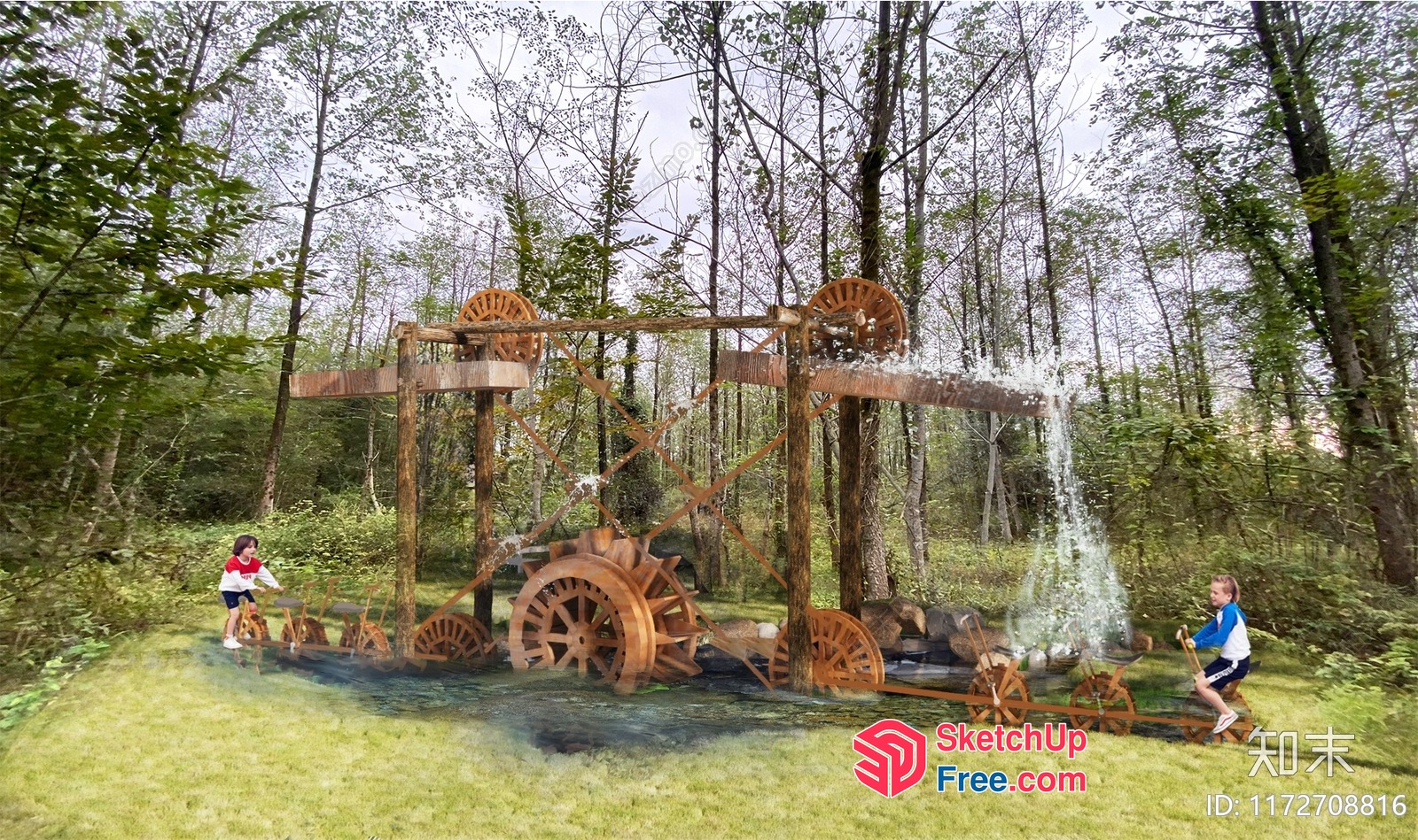 Waterwheel And Children Playing In A Forest 3D SketchUp File