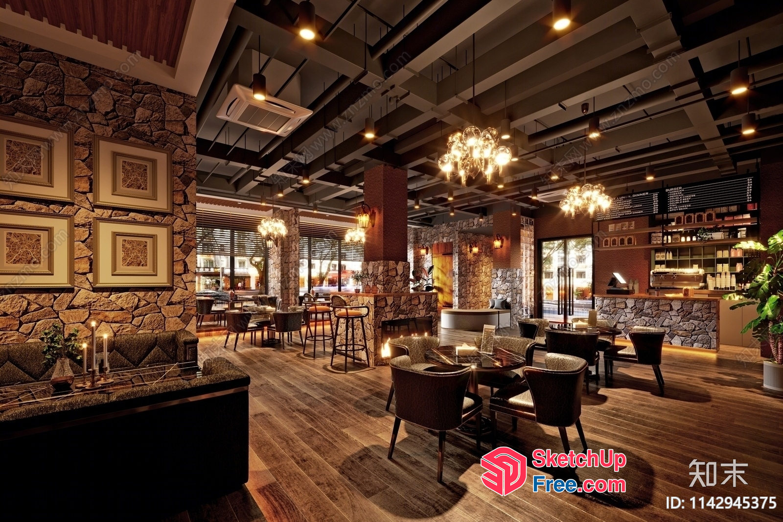Modern Restaurant With Elegant Lighting And Natural Materials 3D SketchUp File