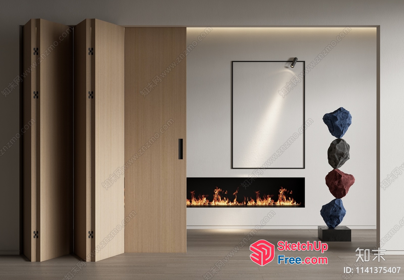 Modern Minimalist Interior Design With Fireplace And Partition Screen 3D SketchUp File