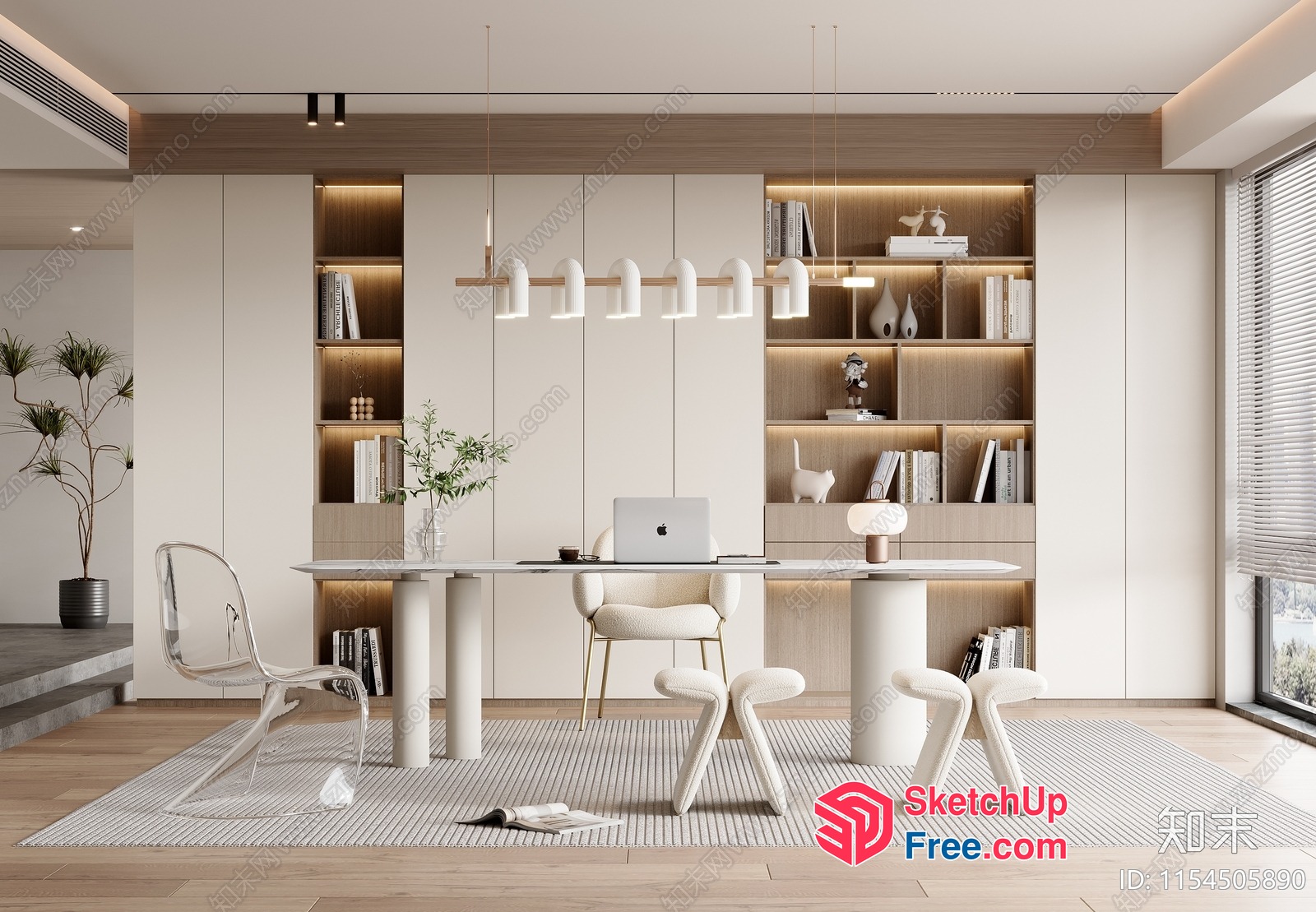 Minimalist Office Interior With White And Wood Tones 3D SketchUp File