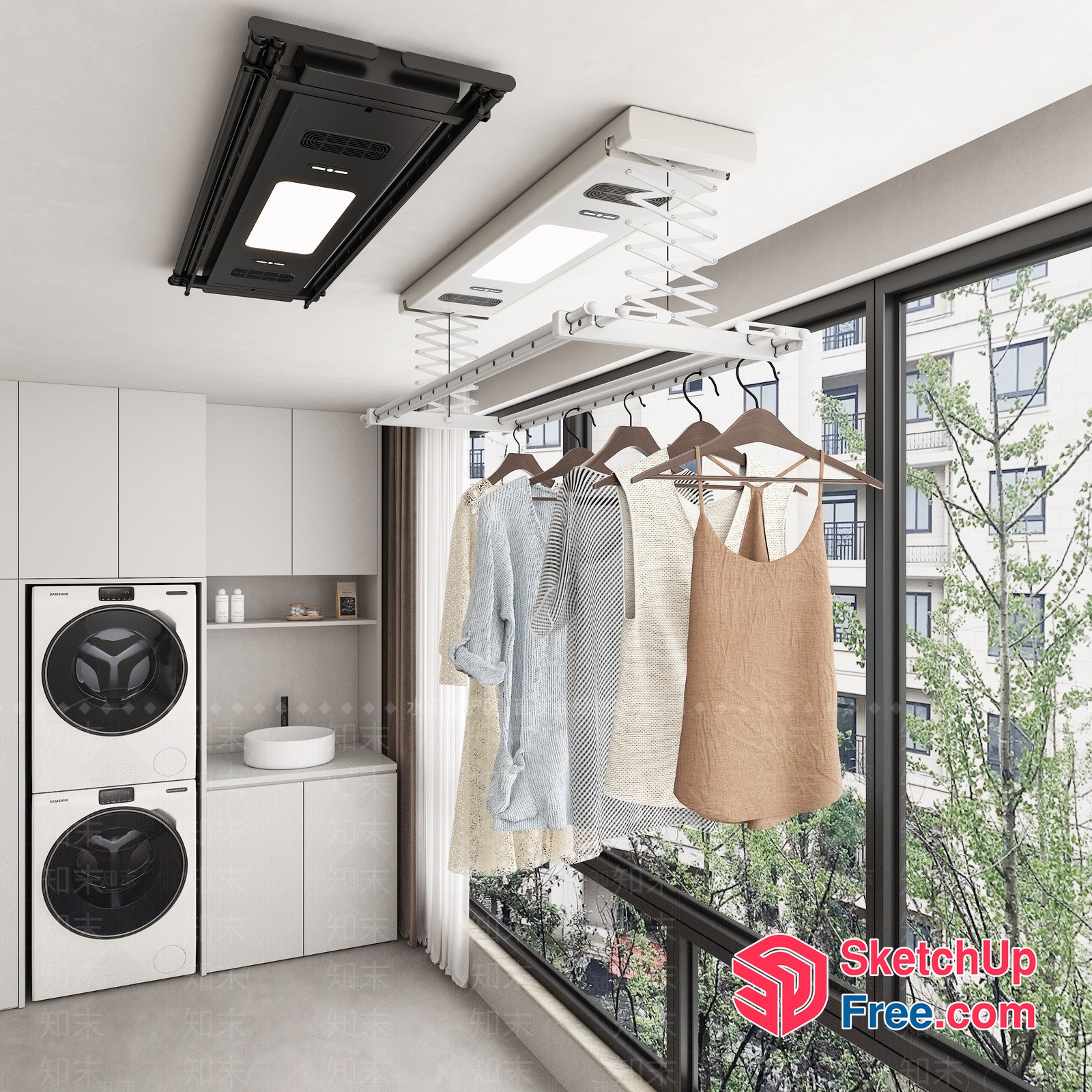 Modern Laundry Room With Skylight And Urban View 3D SketchUp File