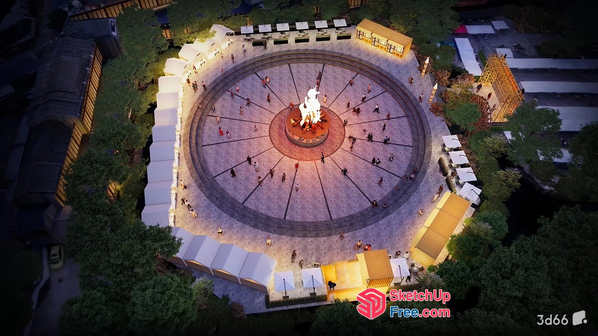 Aerial View Of A Large Circular Plaza With A Fire Pit And People 3D SketchUp File
