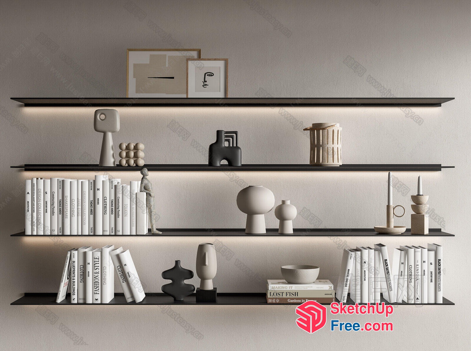 Modern Minimalist Shelf Decor With Books And Decorative Items 3D SketchUp File