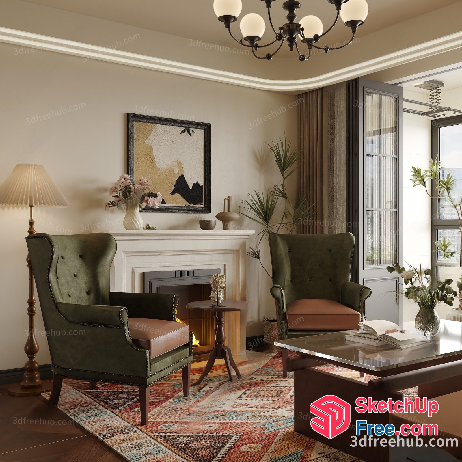 Classic Living Room With Fireplace And Elegant Chairs 3D SketchUp File