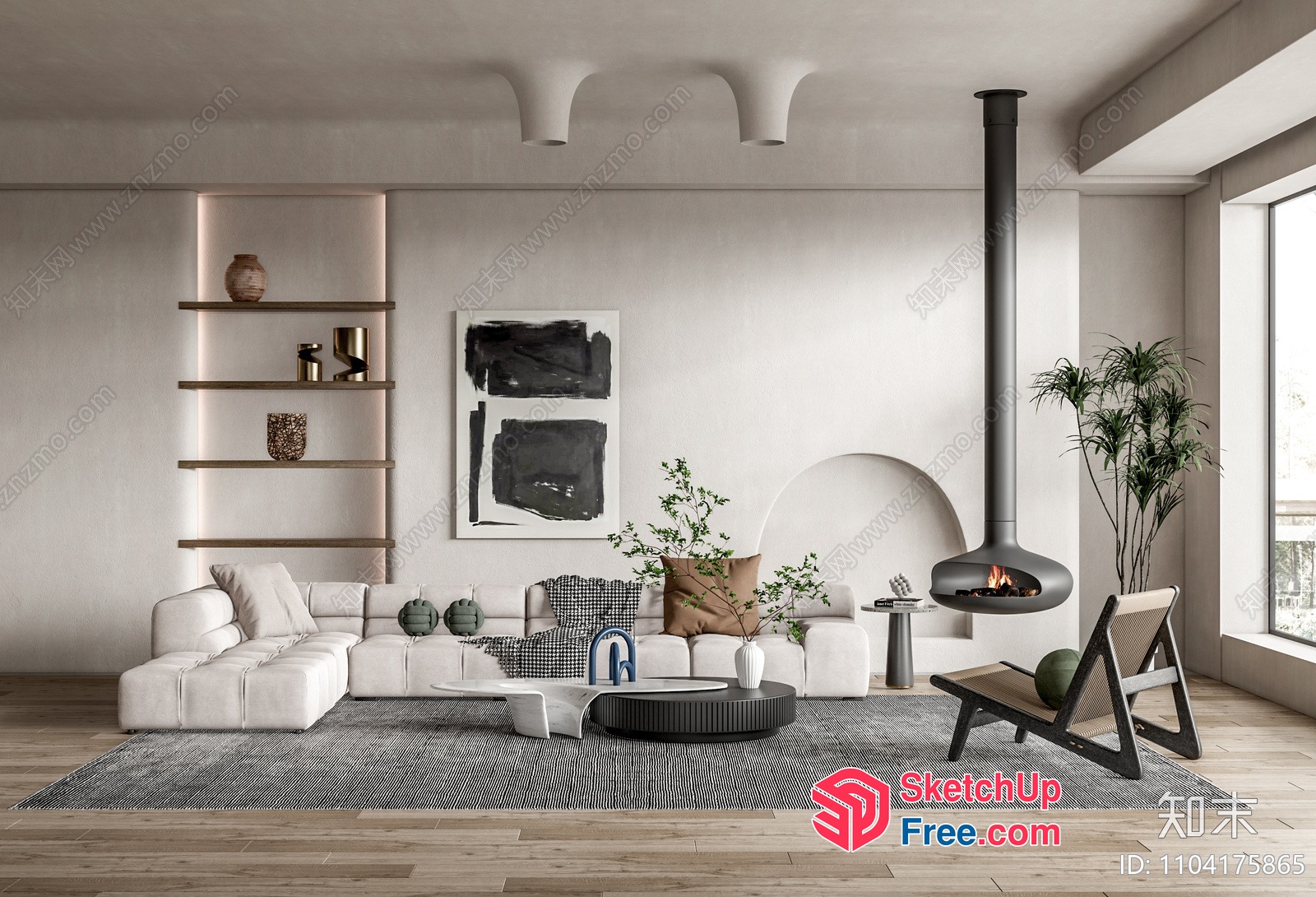 Modern Minimalist Living Room With Fireplace And Plants 3D SketchUp File