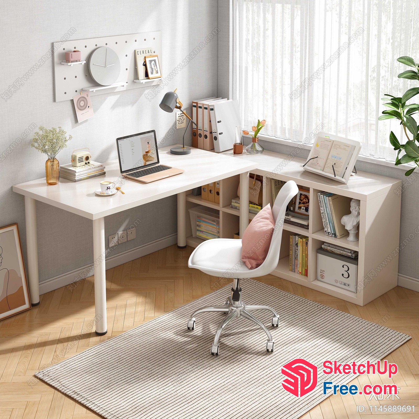 White Desk With Laptop And Chair 3D SketchUp File