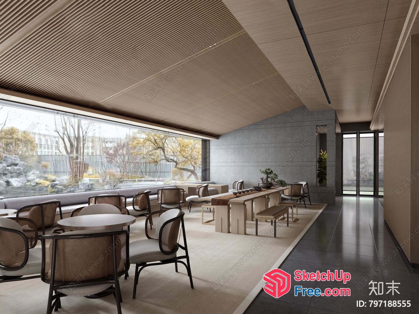 Modern Japanese-Inspired Restaurant Interior With Natural Light 3D SketchUp File