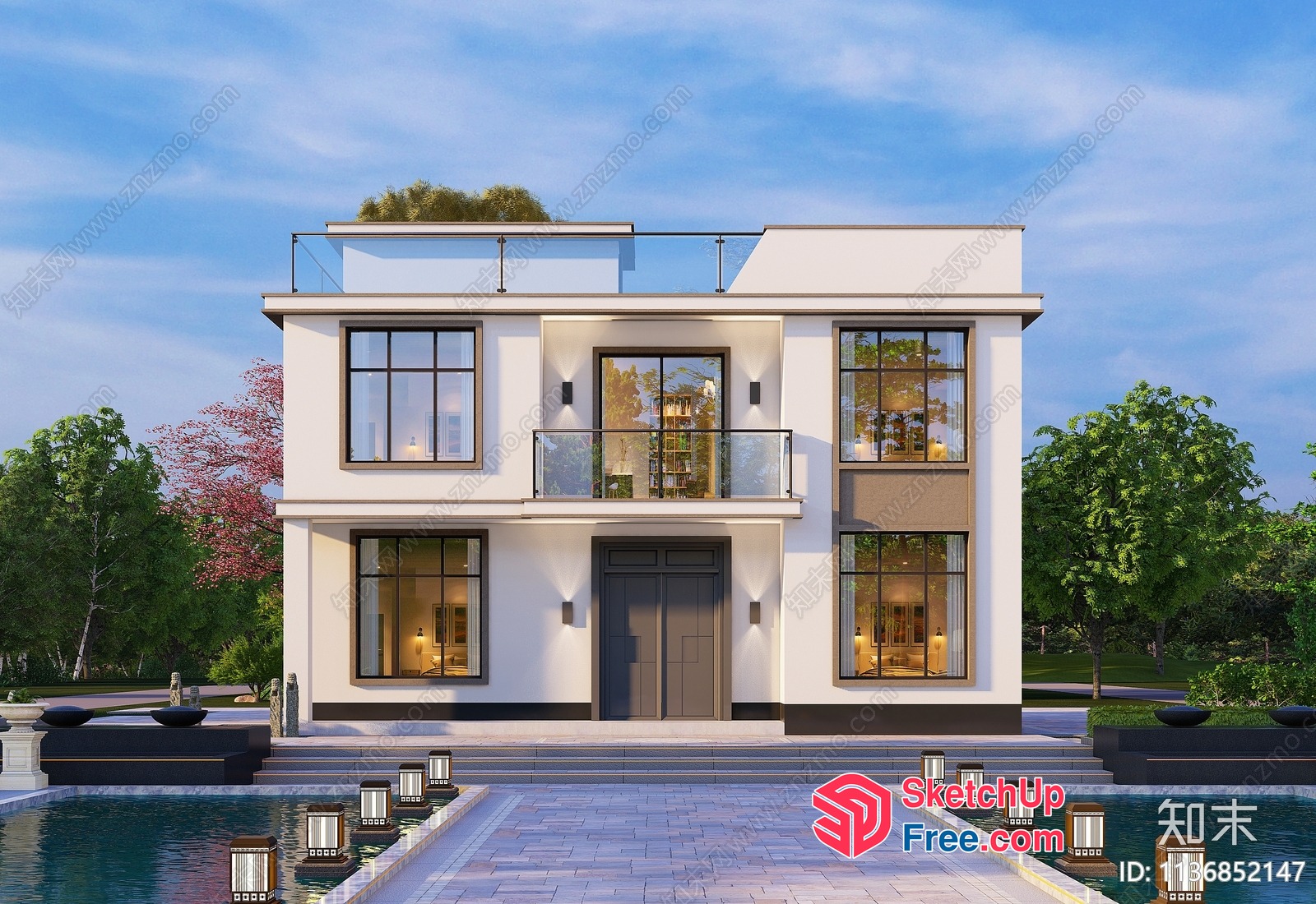 Modern Villa Exterior With Elegant Roof And Balcony 3D SketchUp File