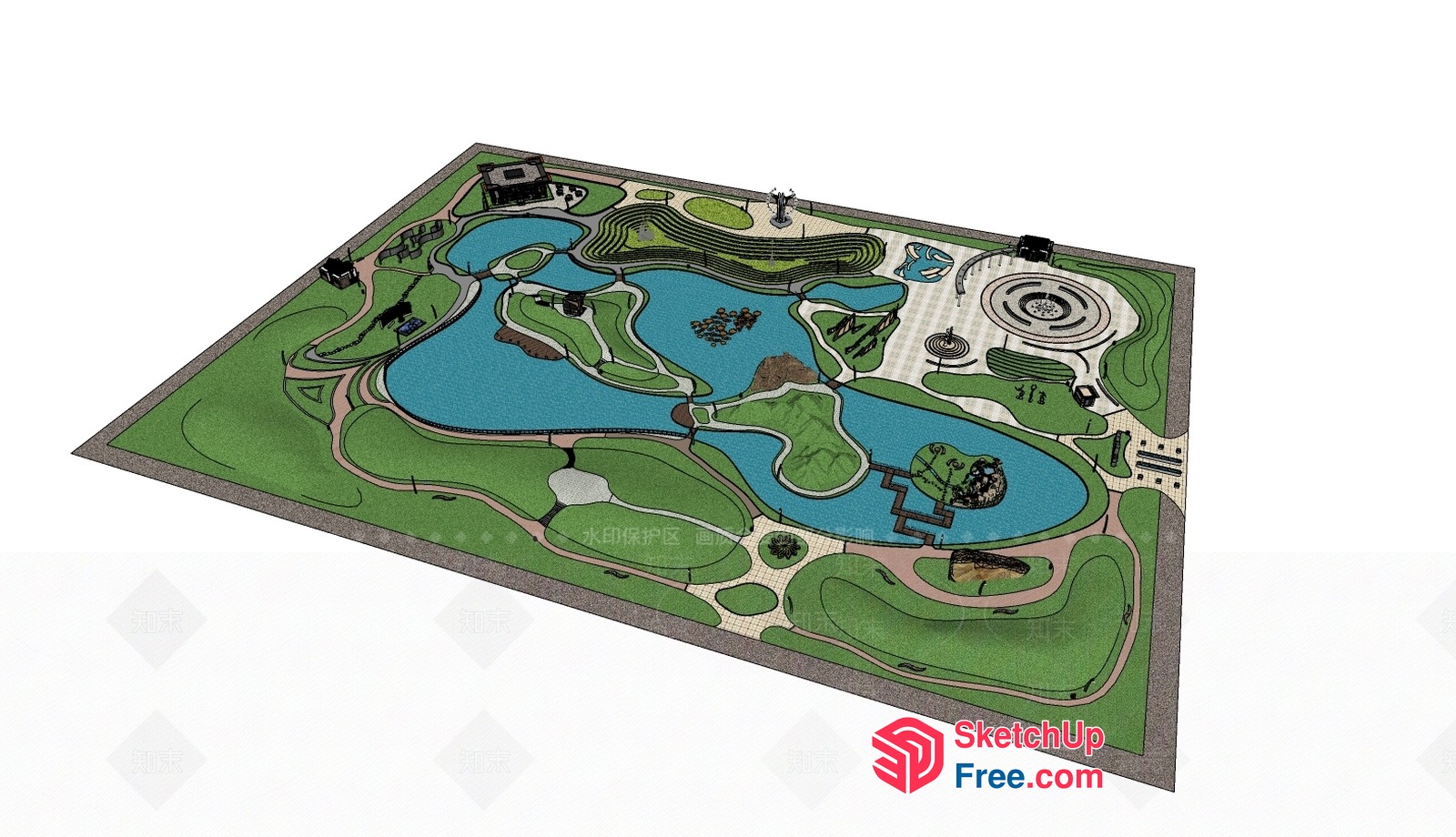 Outdoor Park With Swimming Pool And Lush Greenery 3D SketchUp File