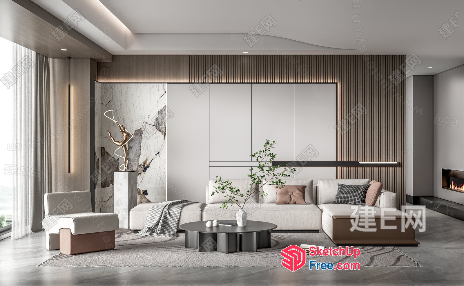 Modern Minimalist Living Room With White Sofa And Fireplace 3D SketchUp File