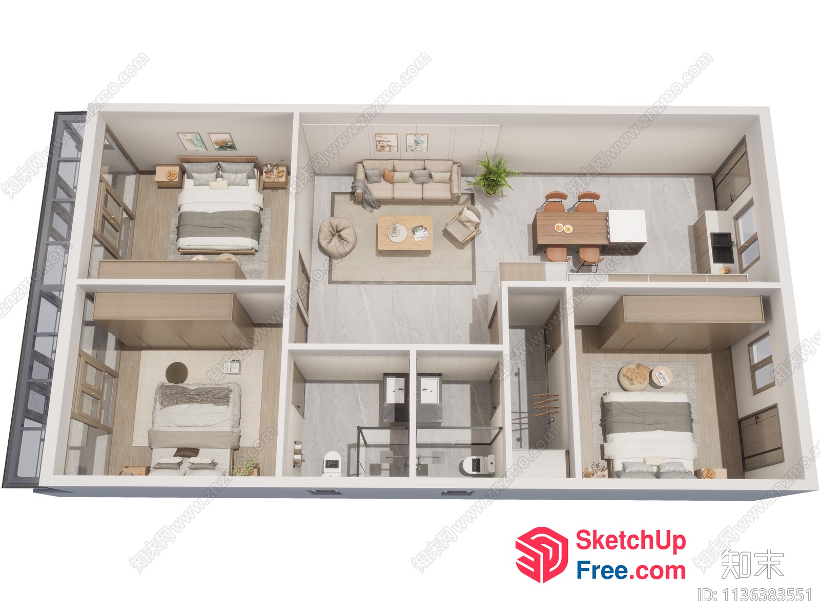 Modern 3D Rendering Of A Spacious Apartment Floor Plan 3D SketchUp File