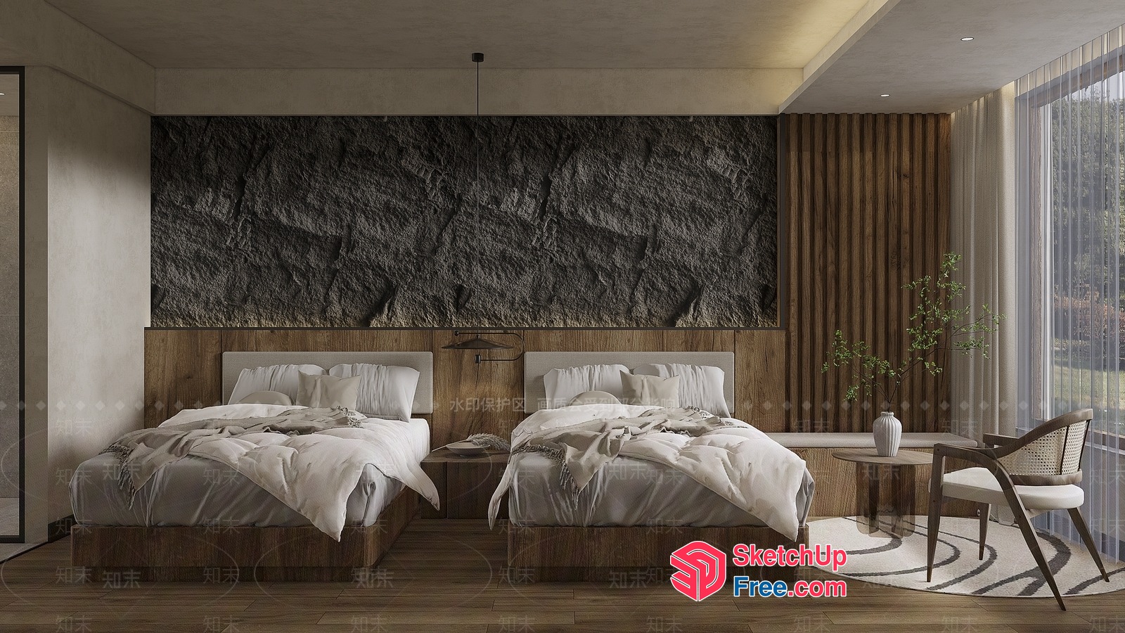 Modern Bedroom With Two Beds And Natural Materials 3D SketchUp File