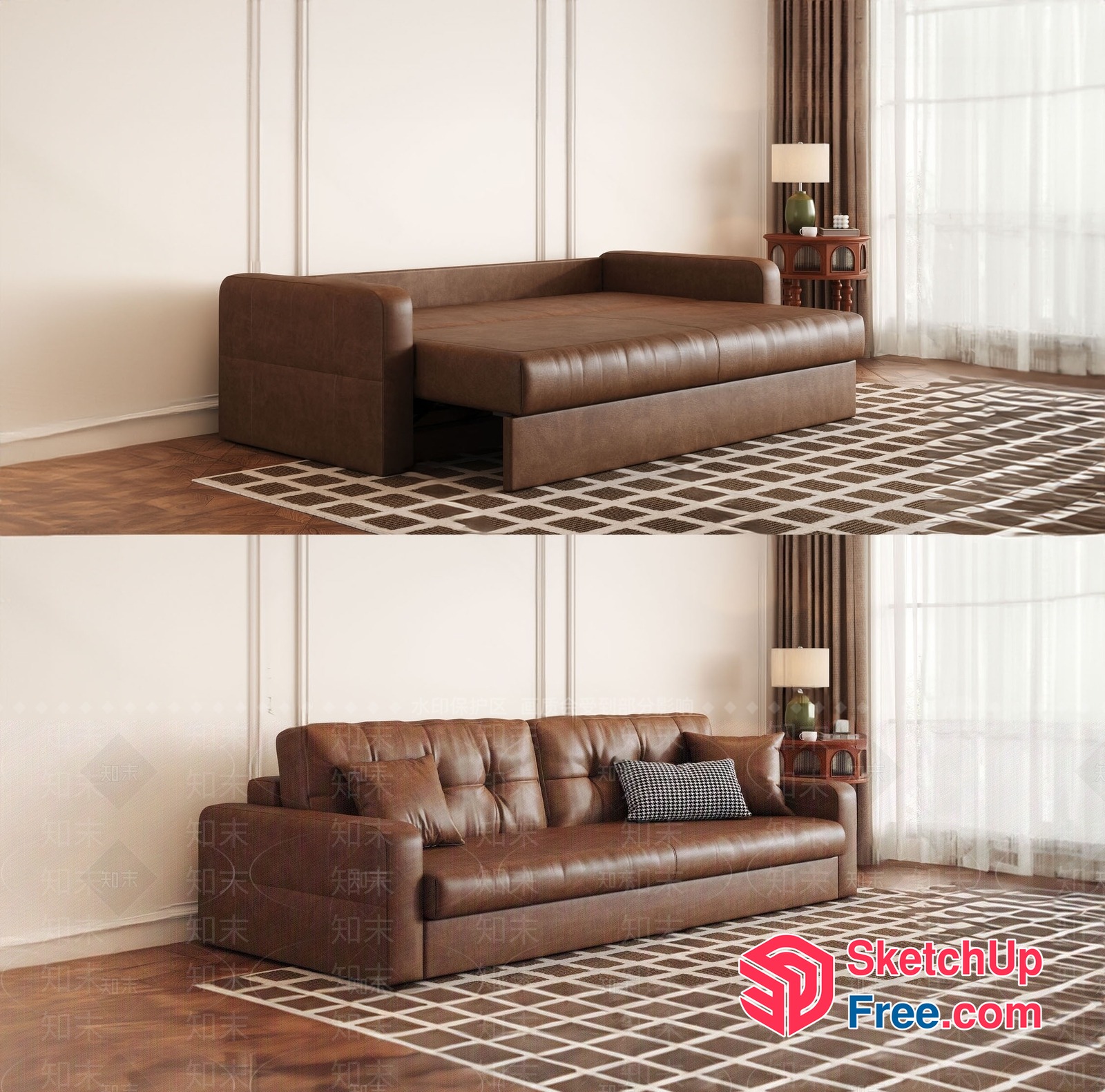 Elegant Brown Leather Sofa And Daybed Combination 3D SketchUp File