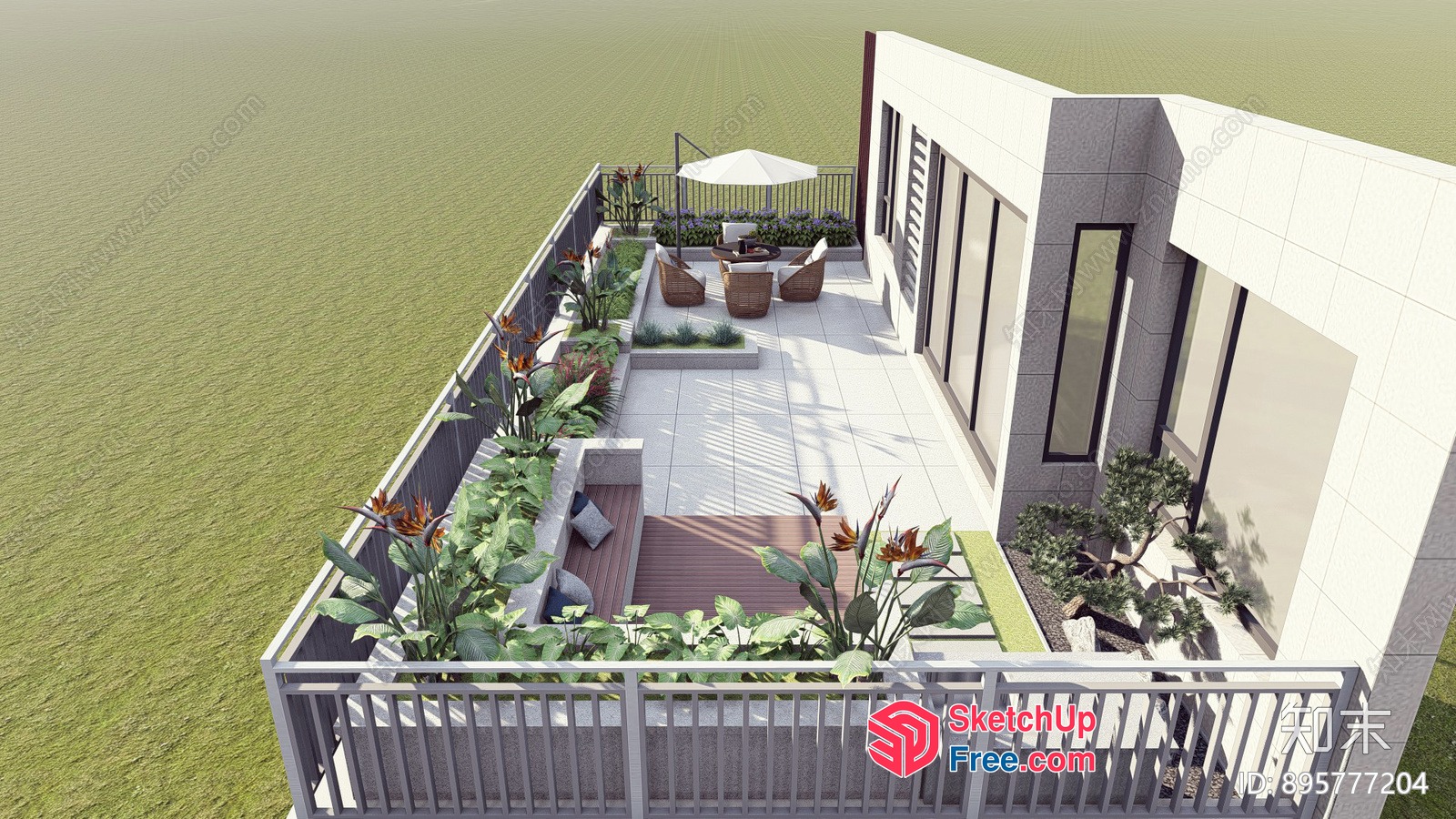 Modern Exterior Balcony With Railing And Plants 3D SketchUp File