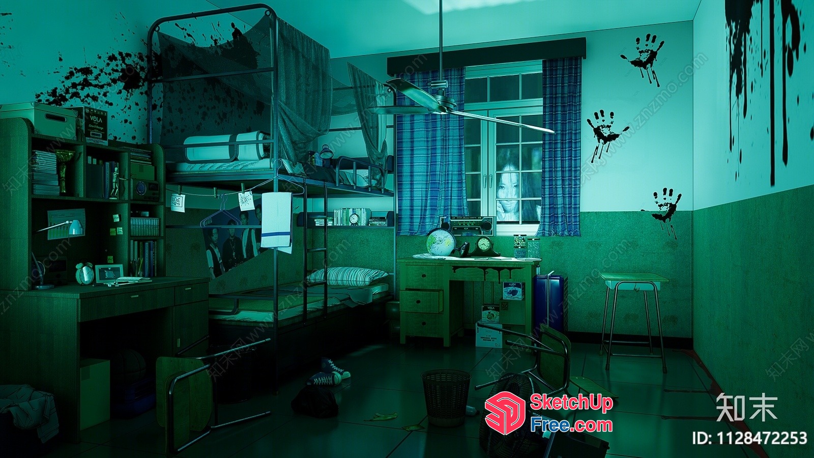 Darkly Lit Dormitory Room With Bunk Beds And Desks 3D SketchUp File