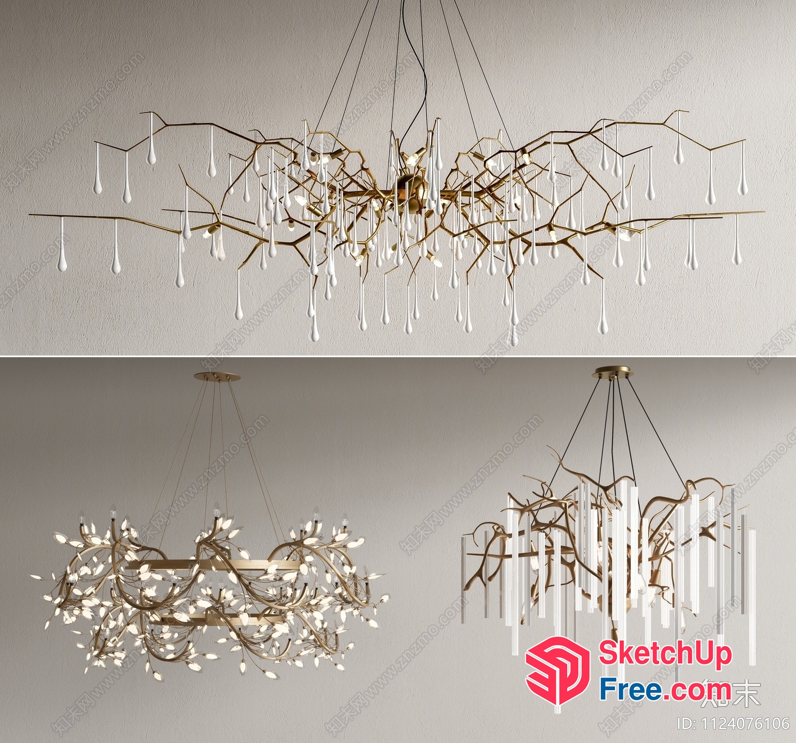 Elegant Chandelier With Delicate Branches And Teardrop Lights 3D SketchUp File