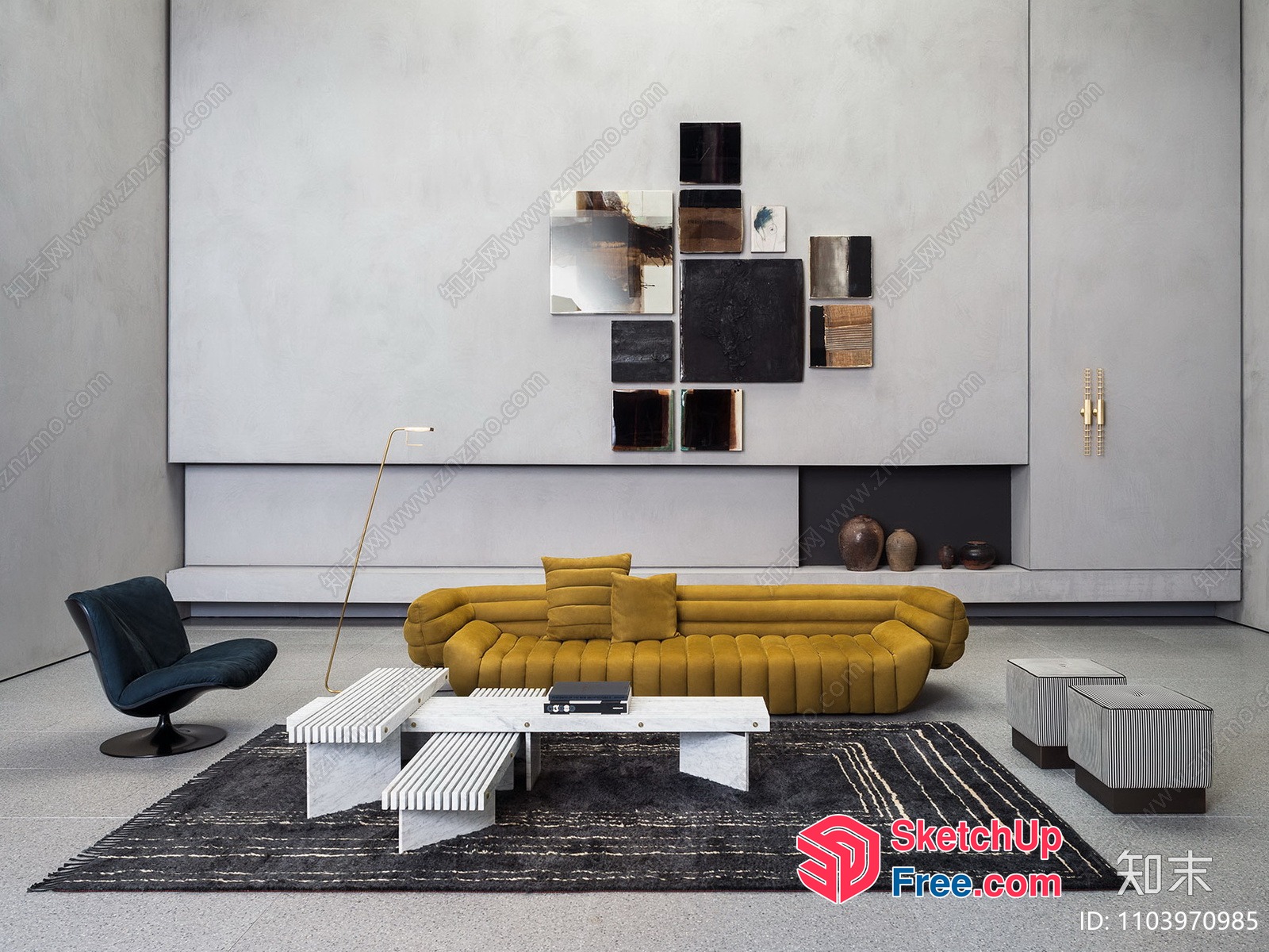 Modern Minimalist Living Room With Yellow Couch And White Coffee Table 3D SketchUp File
