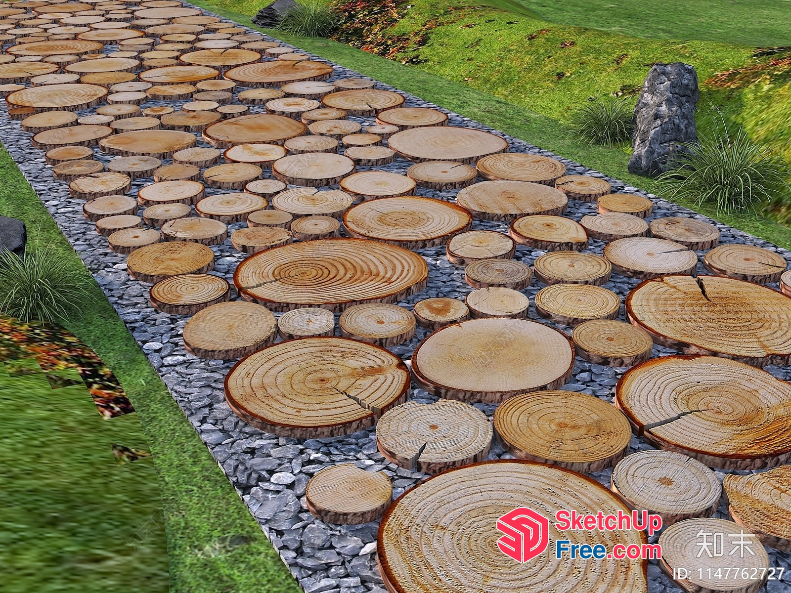 Natural Wooden Logs Arranged On A Stone Path 3D SketchUp File