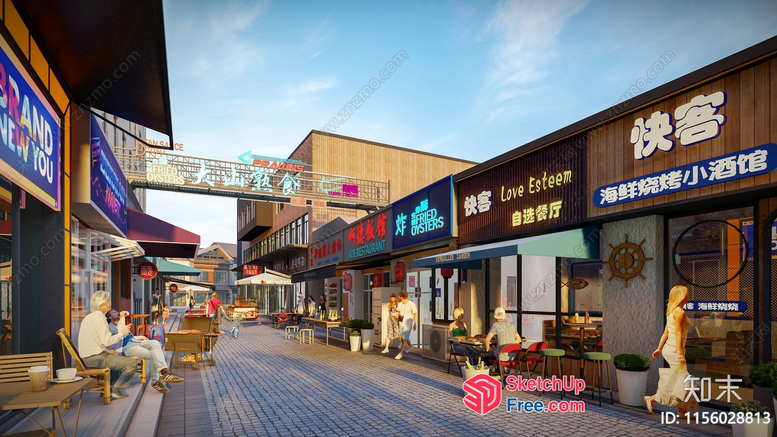 Commercial Street Scene With People And Shops 3D SketchUp File