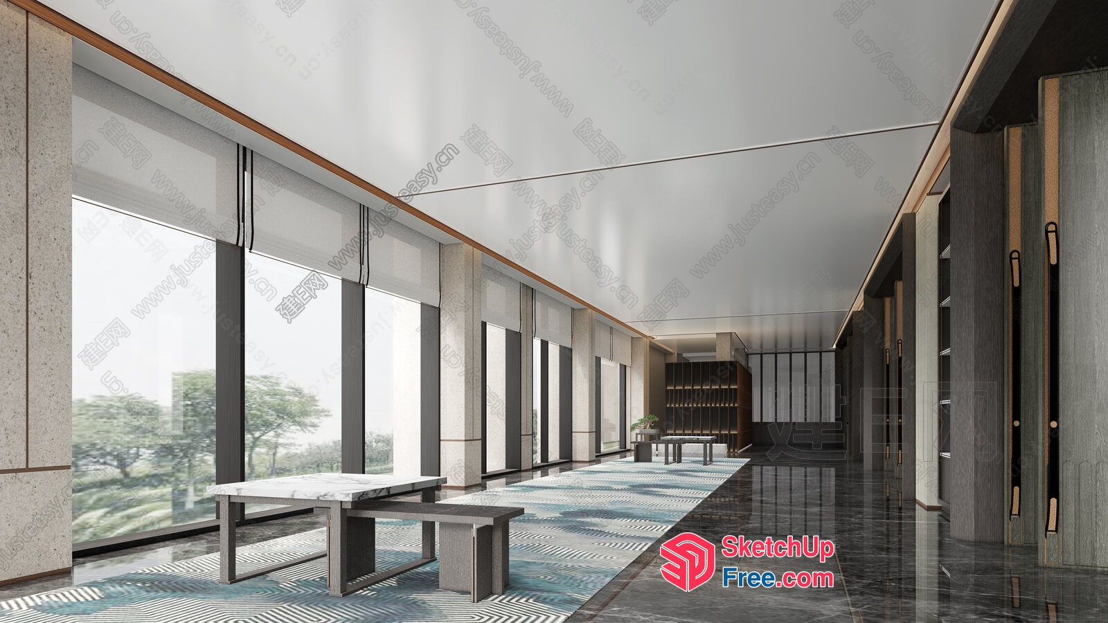 Modern Hallway With Large Windows And Marble Benches 3D SketchUp File