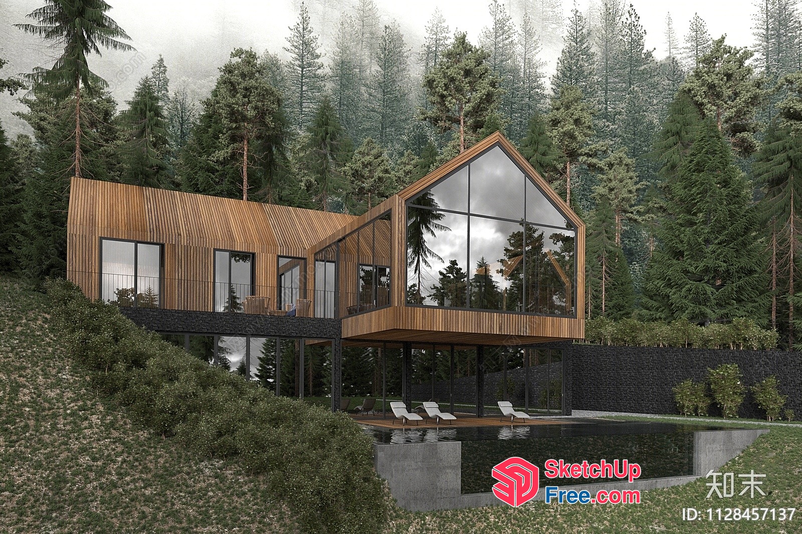 Modern Wood Exterior With Large Glass Windows And Pool 3D SketchUp File