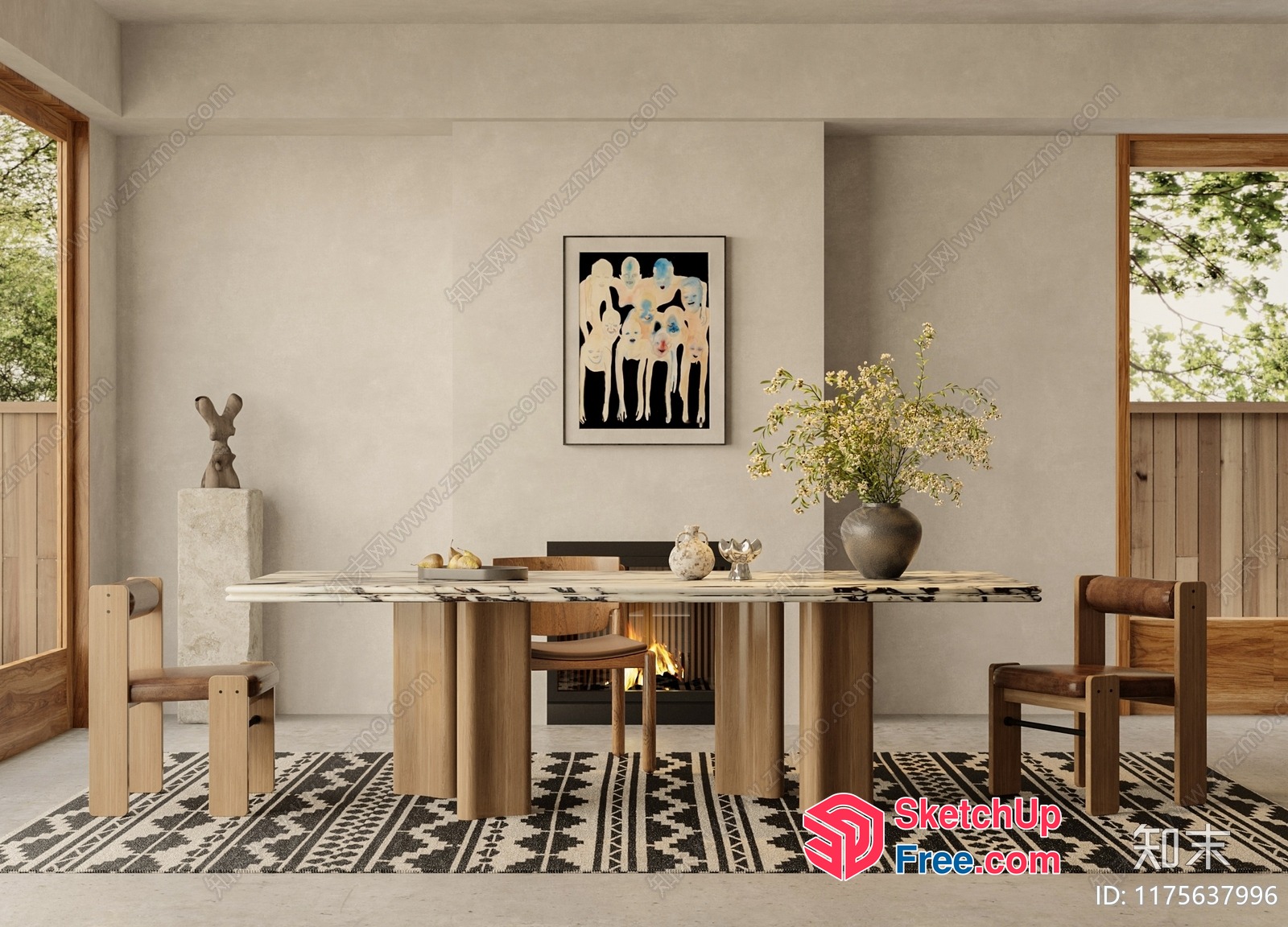 Modern Minimalist Scandinavian Dining Room With Natural Wood Accents 3D SketchUp File