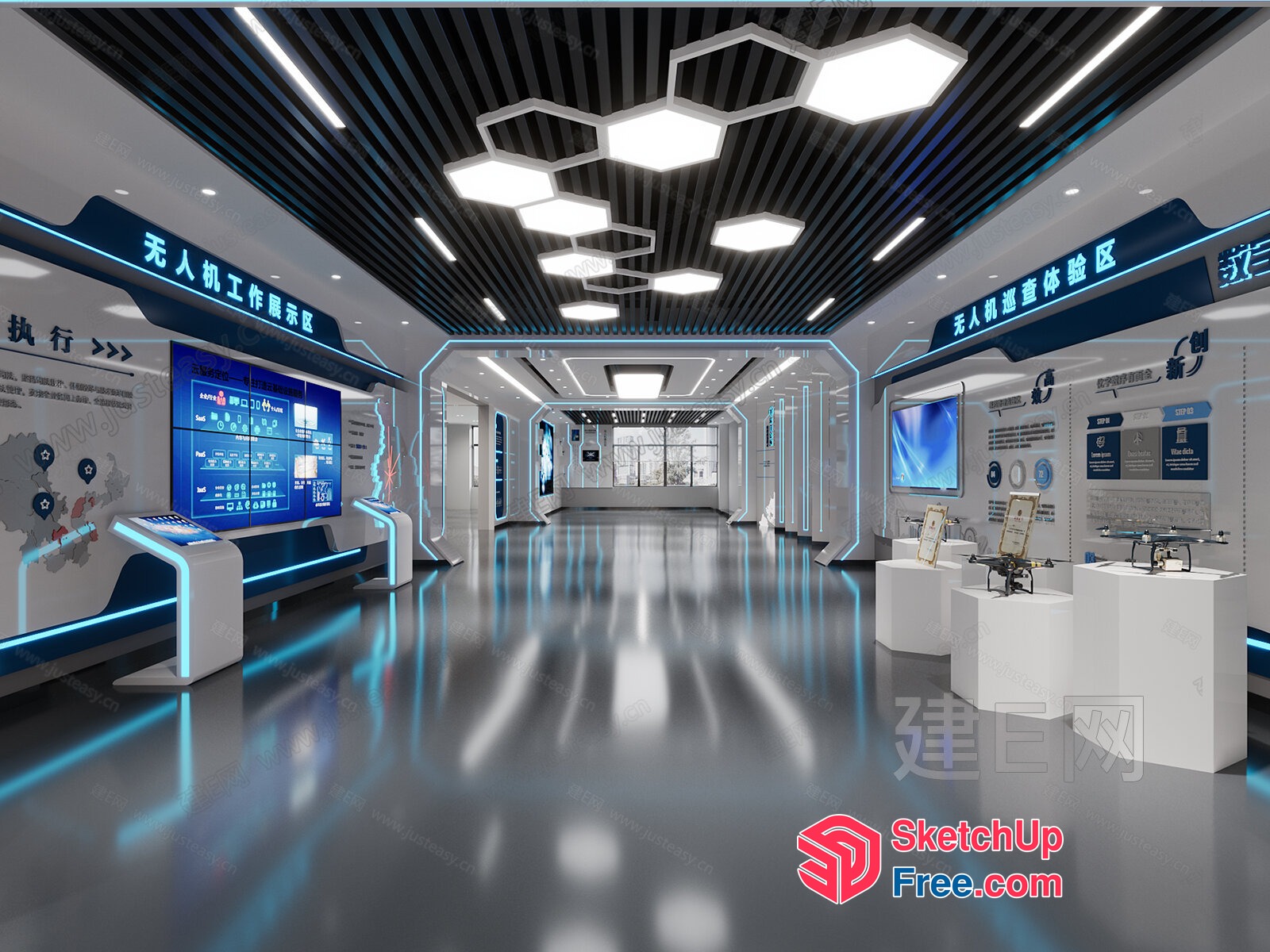 Modern Industrial Interior Space With Technology Displays 3D SketchUp File