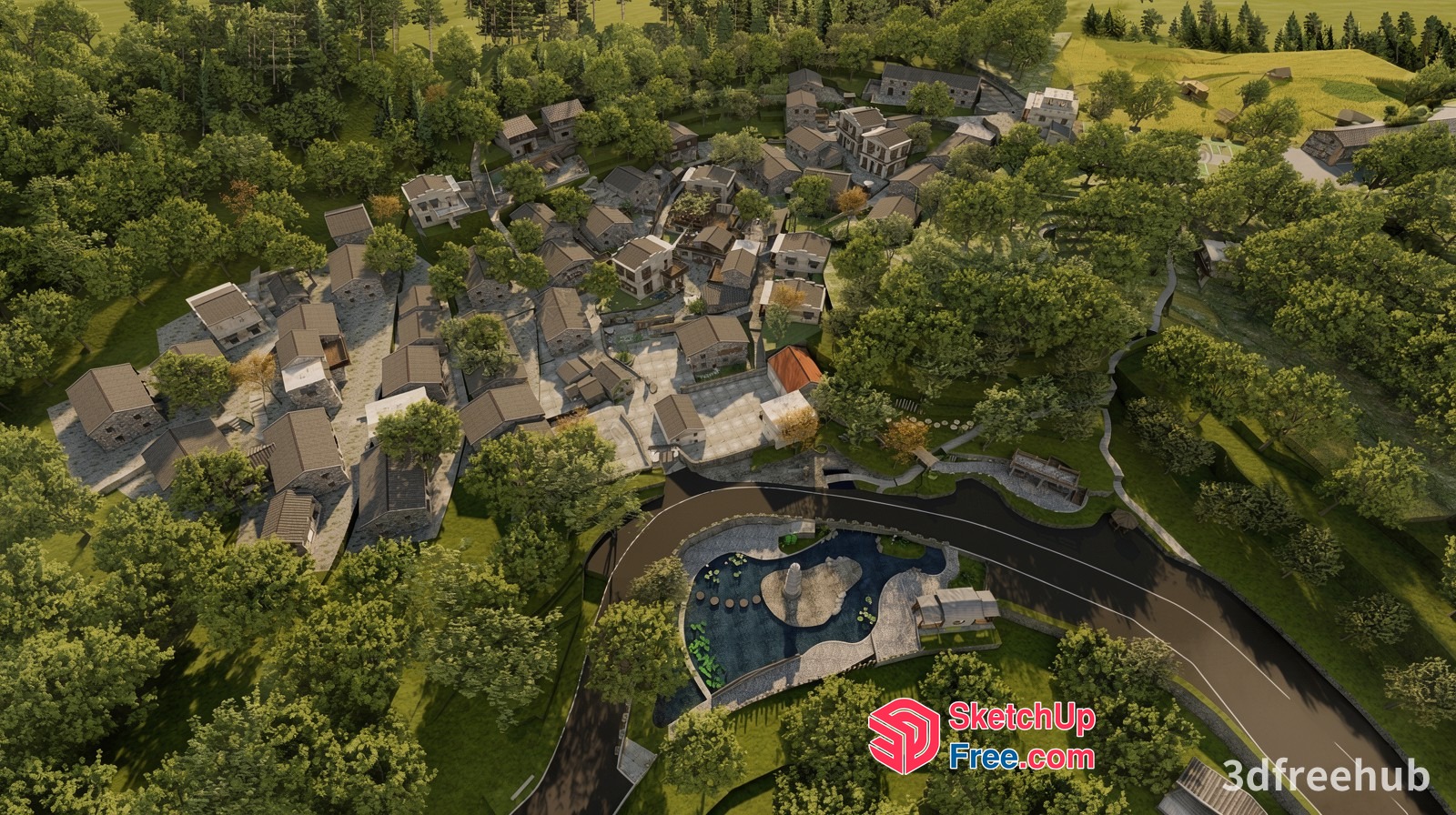 3D Rendering Of A Serene Community With A Central Park 3D SketchUp File