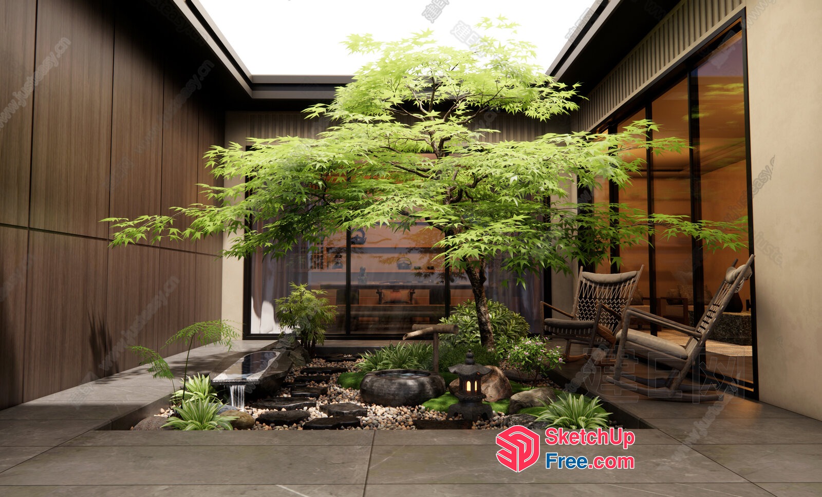 Serene Japanese-Inspired Courtyard With Lush Greenery And Water Feature 3D SketchUp File